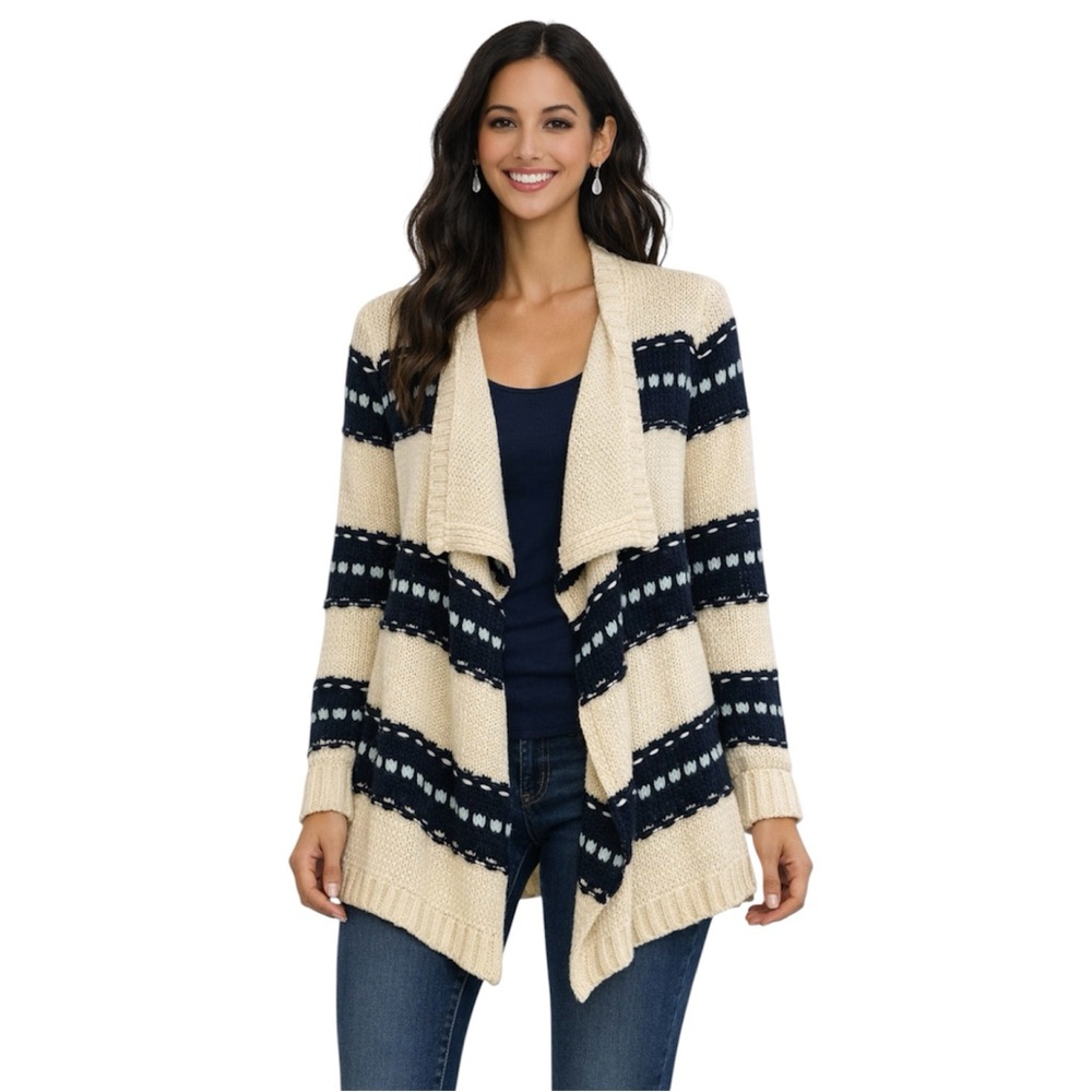Charlotte Russe Women Cardigan Striped Open-Front Cozy Sweater - Navy & Cream